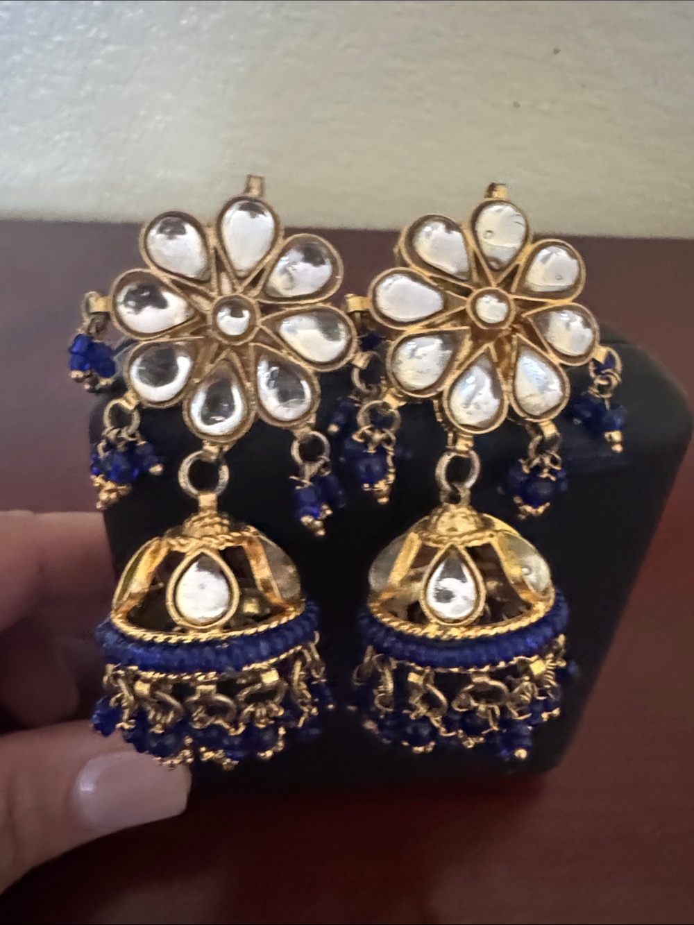 Gold and Navy Floral Kundan Jhumka Earrings - Women Jewelry